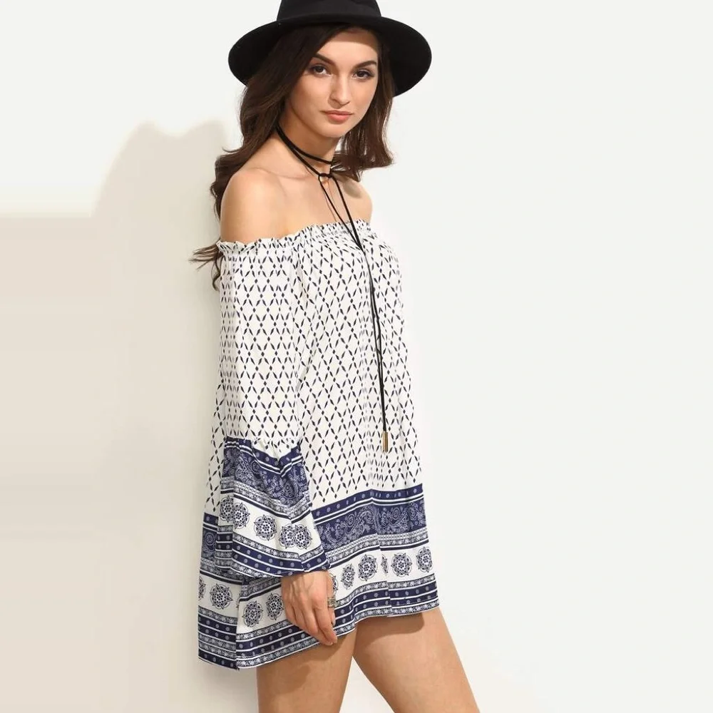 💥 CLEARANCE Bell Sleeve Off Shoulder Modern Floral Tunic Dress - Picture 4 of 8